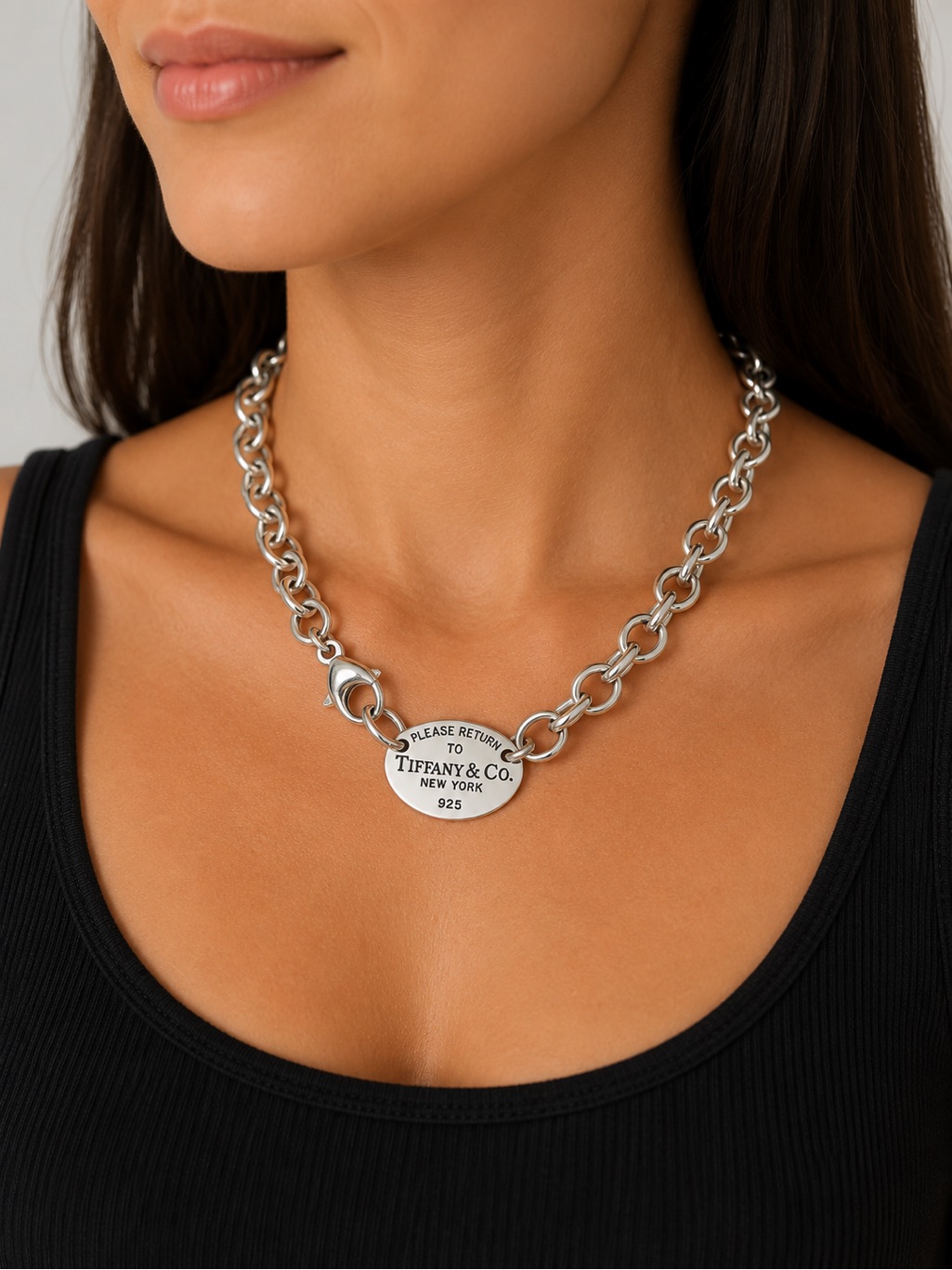 Tiffany & Co. Silver 'Please Return To Tiffany' Oval Tag Necklace 18”